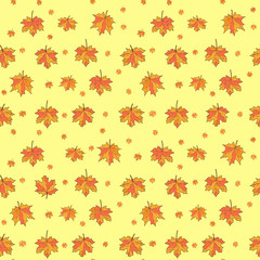 Maple leaves on yellow background background. Seamless pattern, hand draw, vector.