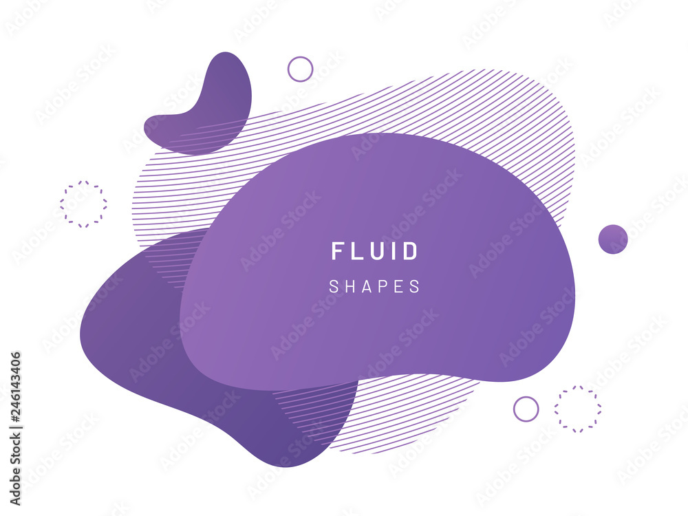 Poster Purple fluid blob for card background. Liquid stain in dynamic color. Free geometrical shape for flyer. Aqua blotch with wavy lines. Abstract gradient banner template