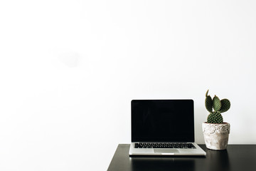 Fototapeta premium Laptop with blank mock up screen and succulent on black table. Home office desk workspace minimal concept.