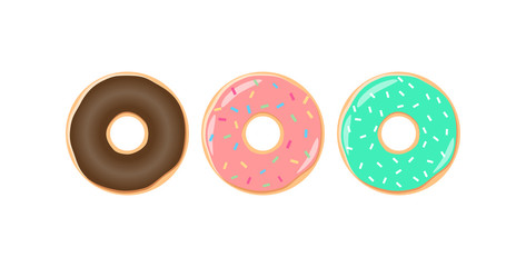 Colorful glazed donut with sprinkles vector set. Chocolate, turquoise and pink icing doughnut cartoons.