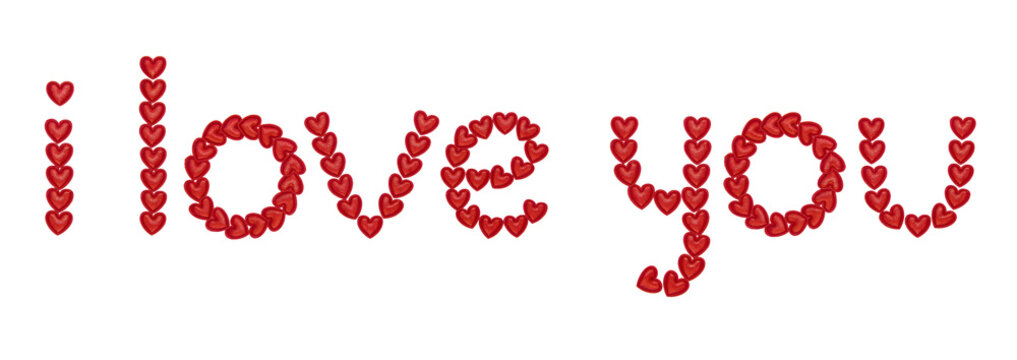 text i love you, made from decorative red hearts. Isolated on white background