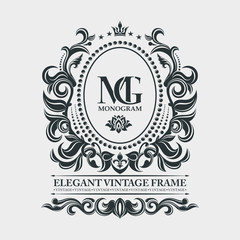 Exclusive leafy vintage ornament on a light background. Rich art frame.  Luxury  pattern. Vector template monogram, initials. Elegant emblem logo for restaurants, hotels, bars and boutiques.