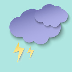 Dark paper cut cloud and Lightning. 3d paper art style. Weather illustration
