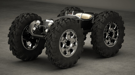 Auto vintage steampunk, vecchia automobile del 1900 con ruote gigante come un monster truck, tuning estremo, illustrazione 3d, rendering 3d