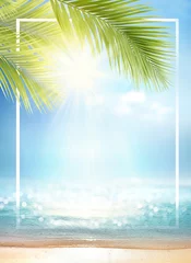 Zelfklevend Fotobehang Summer background with frame, nature of tropical golden beach with rays of sun light and leaf palm. Golden sand beach close-up, sea water,  blue sky, white clouds. Copy space, summer vacation concept. © Laura Pashkevich