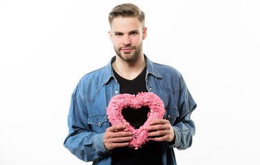 This is for you. Romantic greeting. Valentines day sales. Man with decorative heart. Date. unshaved...