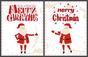 Merry Christmas and happy New Year lettering inscriptions with pine tree and snowflakes icons, isolated vector cards. Bearded old man Santa Claus greetings