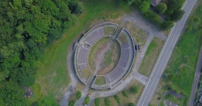 Roman Amphitheater of Martigny, Valais - Aerial Rotating Shot from Above