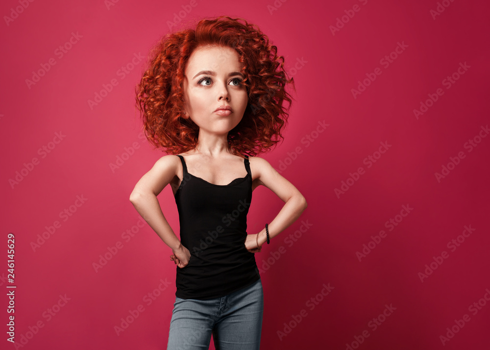 Wall mural funny red curly girl with big head and funny hairstyle. caricature stylization of female logic - Wall murals