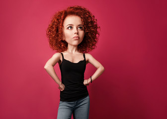 Funny red curly girl with big head and funny hairstyle. Caricature stylization of female logic - obrazy, fototapety, plakaty