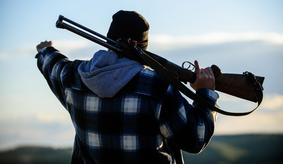 Guy hunter spend leisure hunting. Hunting masculine hobby leisure concept. Brutality and...