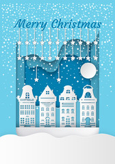 Merry Christmas residential buildings. Houses and moon with stars. Dark night and blizzard and snowdrift. Festive atmosphere in the district vector