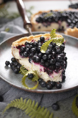 A piece of blueberry cheesecake on a ceramic plate