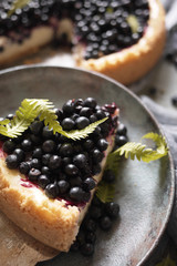 A piece of blueberry cheesecake on ceramic plate