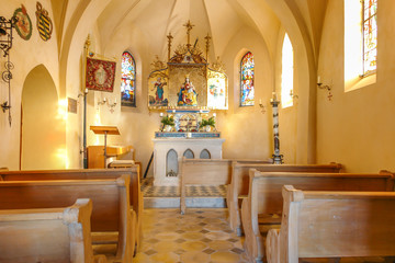 Fototapeta na wymiar Interior of Alpine Mountain Chapel