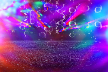 Futuristic background of the 80s retro style. Digital or Cyber Surface. neon lights and geometric pattern , test screen glitch