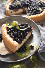 [iece of cheesecake with blueberry on ceramic plate
