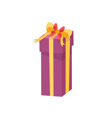 Purple shopping box decorated by yellow silk tape and topped by bow, vector Christmas surprise in package isolated on white. Wrapped gift in cardboard