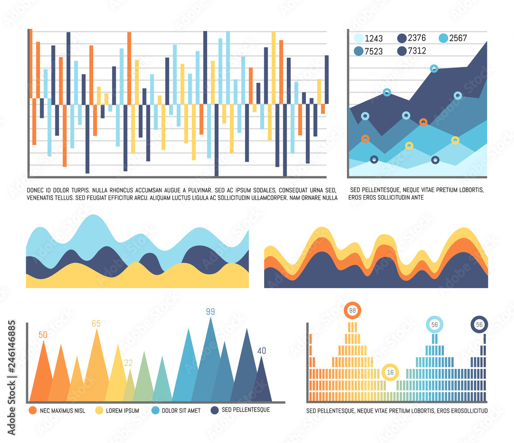 Poster business infographics and flowcharts in color vector. editable diagrams with numbers and shades, des