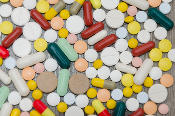 different medicine drugs, pills, background.
