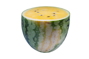 A slice half of fresh yellow watermelon isolated on white background with clipping path.