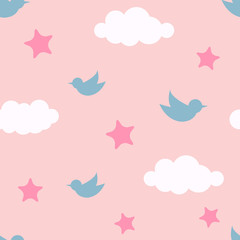 Bird in Cloud and Star, Seamless Pattern Cartoon for Kid