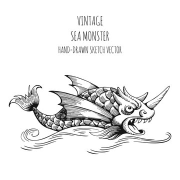Mythological vintage sea monster. Fragment design of old pirate or fantasy geographical map