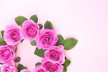 Bouquet of pink roses with petals, on a pink background. Surprise in the concept of lovers day and mother's day. Flat lay. Copy space. Above.