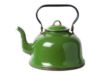 Vintage green rusty kettle isolated on white background