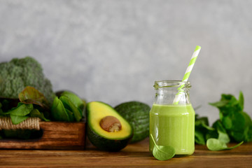 Avocado base green smoothies with vegetable greenery