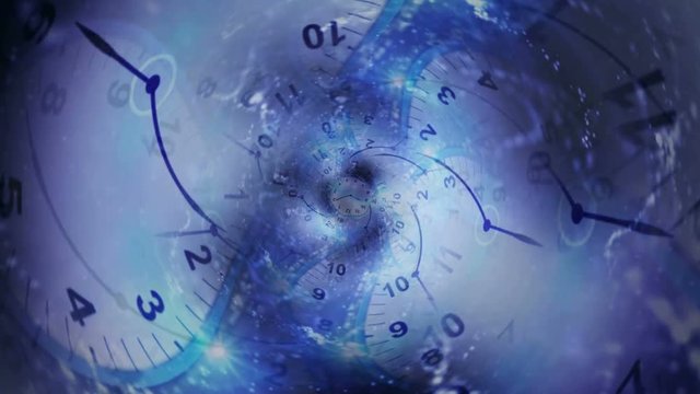 Clocks Spiral Tunnel Animation, Time Concept, Rendering, Background, Loop, 4k
