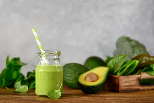 Avocado base green smoothies with vegetable greenery