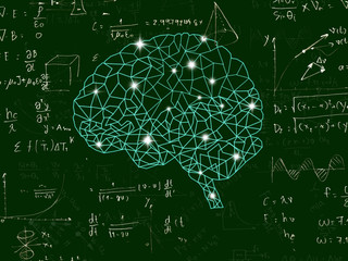 Brain human of graphic digital wire dot and line vector illustration on green board background