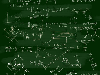 Mathematic equations on a blackboard,green color