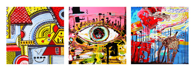 set of unusual original art abstract composition of human eye and abstract composition