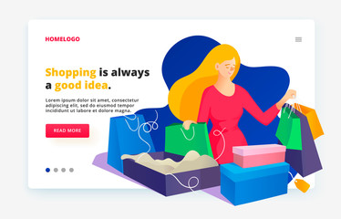 Modern fluid style website illustration. Web page design template. After shopping with purchases. 