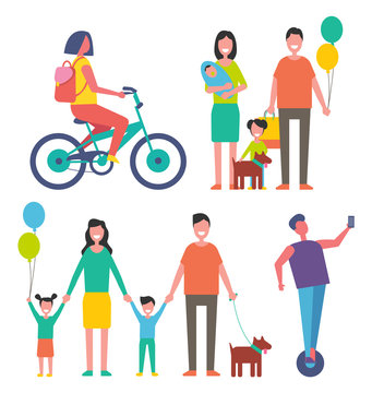 Scooter hoverboard, man riding modern transport, woman on bike bicycle ride. Family father and mother with dog and daughter holding balloon vector