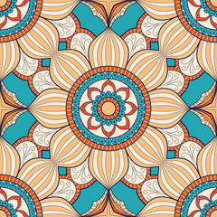 Decorative colorful ethnic seamless pattern for fabric or wrapping in oriental style. Hand drawn illustration