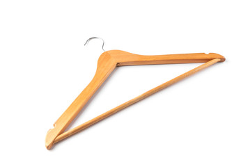 Wooden hanger isolated on white background.