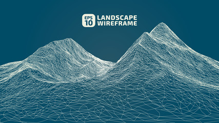 Abstract wireframe background. 3D grid technology illustration landscape. Digital Terrain Cyberspace in the Mountains with valleys. Data Array. | EPS10 Vector.