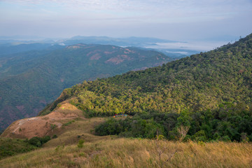 Landscape mountain valley nature forest with camping tents of northern Thailand.
