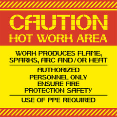 Caution. Hot work area. A warning poster about certain dangerous jobs in a given territory.