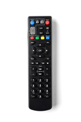 Black TV remote control isolated on white background.