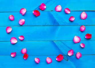 Rose petals on blue wooden background.