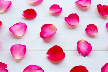 Rose petals on white wooden background.