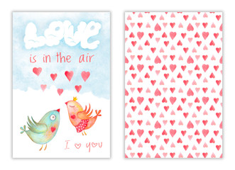 Fototapeta na wymiar Happy Valentines day card with kissing birds and love is in the air phrase, hearts on back cover. Romantic illustration with watercolor hand drawn design