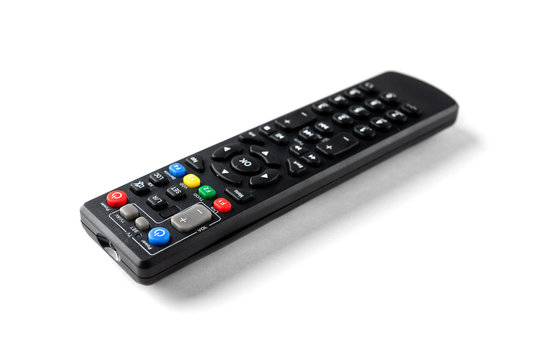 Black TV remote control isolated on white background.