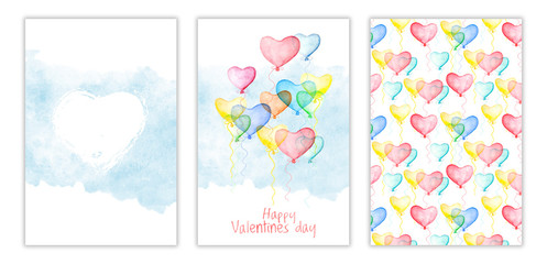Happy Valentines day three-way card cover with watercolor air balloons in form of hearts. Hand drawn aquarelle illustration, love holiday sign, postcard design