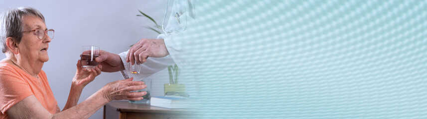 Elderly woman taking medication. panoramic banner