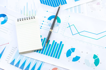 Notebook and Pen with Business Graphs finance document.